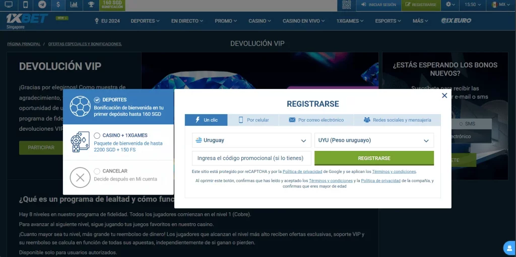 Página de registro 1xbet